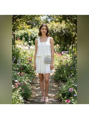ZARA White Polyester Crepe Fully Lined Mini Dress Layered Look Wide Straps Sz L